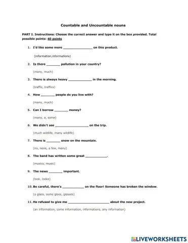 Countable and Uncountable Nouns Worksheet