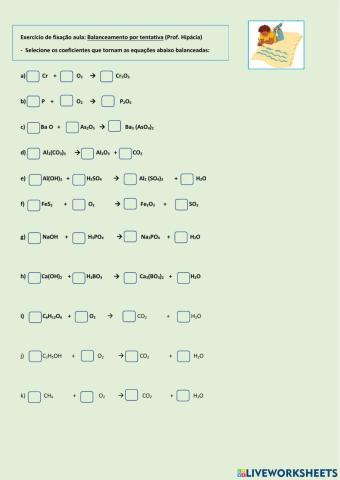 Treinando Balanceamento de equações químicas