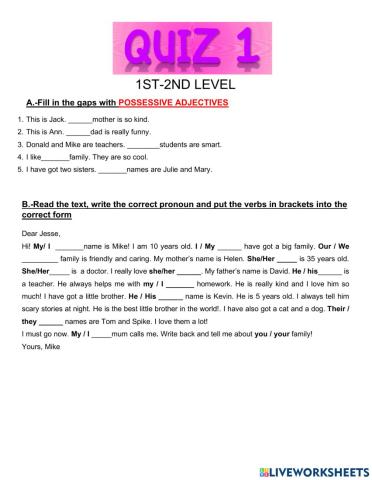 Quiz 1:personal pronouns-possessive adjectives.