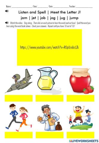 Listen and Spell - Meet the Letter J!  Words:  jam - jet - job - jog - jug - jump