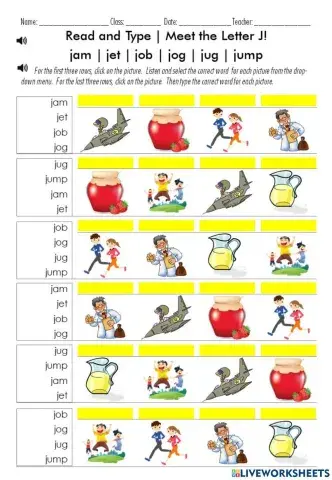 Read and Type - Meet the Letter J!  Words:  jam - jet - job - jog - jug - jump