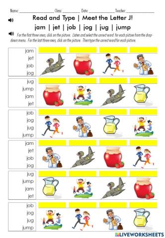 Read and Type - Meet the Letter J!  Words:  jam - jet - job - jog - jug - jump