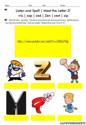 Listen and Choose - Meet the Letter Z!  Words:  wiz - zap - zed - zen - zest - zip