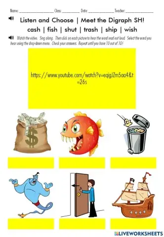 Listen and Choose - Meet the Digraph SH!  Words:  cash - fish - shut - trash - ship - wish