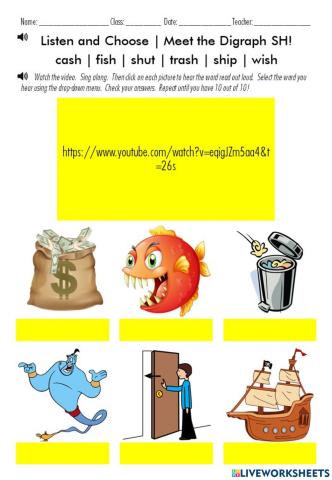 Listen and Choose - Meet the Digraph SH!  Words:  cash - fish - shut - trash - ship - wish