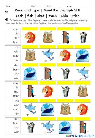 Read and Type - Meet the Digraph U!  Words:  cash - fish - shut - trash - ship - wish