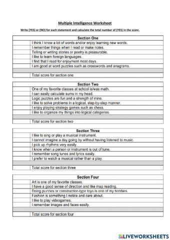 Multiple Intelligence Worksheet
