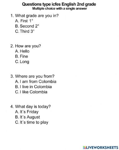 Questions type icfes English 2nd grade