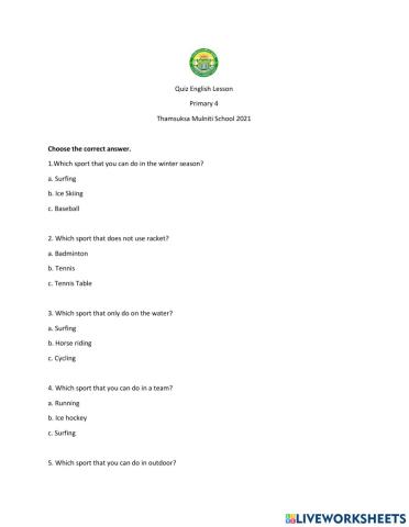 Quiz- Midterm English Lesson T.Irna Primary 4