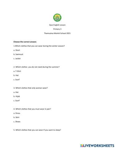 Quiz- Midterm English Lesson T.Irna Primary 3