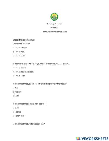 Quiz- Midterm English Lesson T.Irna Primary 2