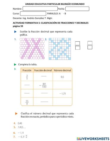 Clasificación de fracciones y decimales