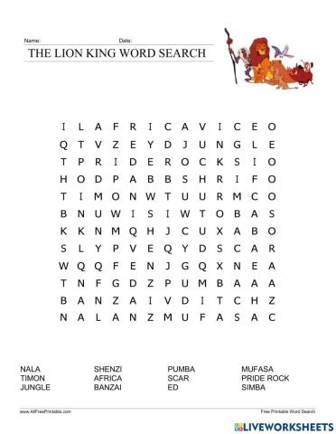 The lion king - wordsearch