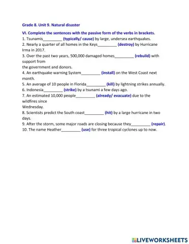 Grade 8. Unit 9. Natural disaster Passive voice