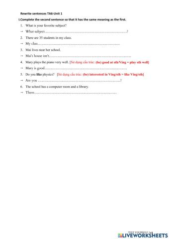 Tieng Anh 6 - Unit 1 - Rewrite sentences