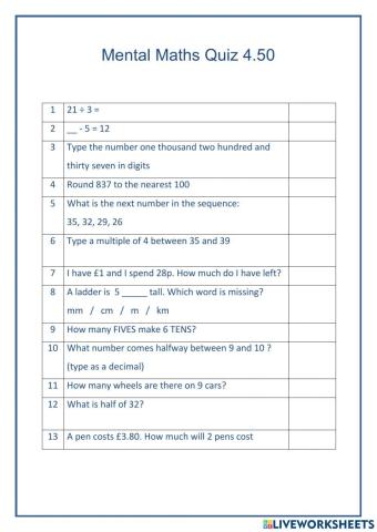 Mental Maths 4.50
