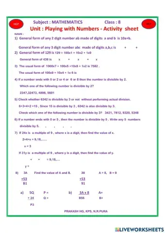 Playing with numbers- ACTIVITY