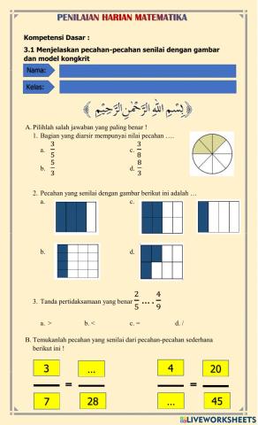 Penilaian harian 3.1 pecahan senilai