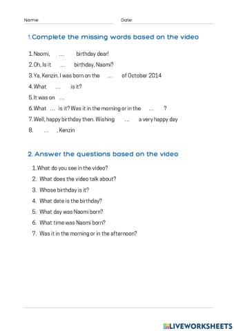 Birthday Worksheets Naomi