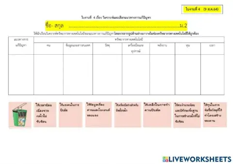 ใบงาน  การวิเคราะห์และเลือกแนวทางการแก้ปัญหา