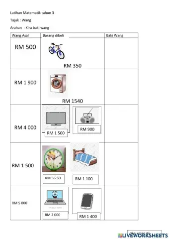 Latihan Matematuk tahun 3 - Wang