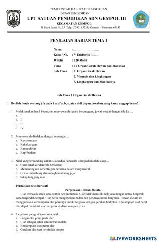 Penilaian harian tema 1 kelas 5