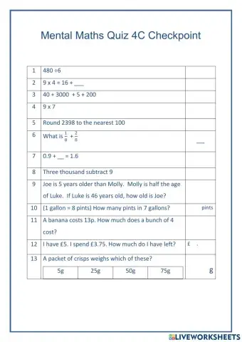 Mental Maths Checkpoint 4C