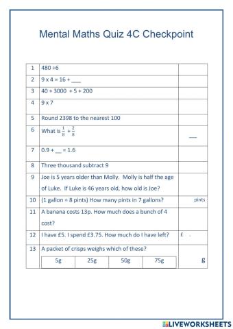 Mental Maths Checkpoint 4C