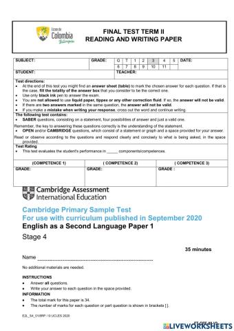 T2-diagnostic test reading and writing 3rd grade