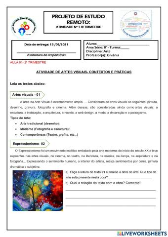 Atividade de arte 8 ano- Artes visuais Contextos e práticas