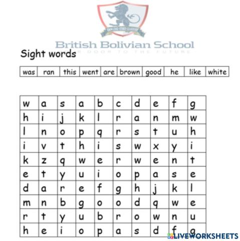 Y2B sight word word search
