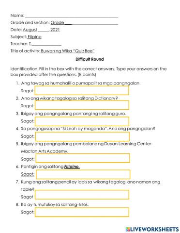 Quiz Bee - Difficult Round