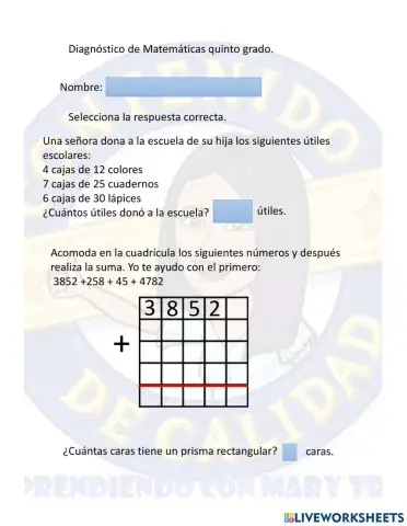 Diagnóstico matemáticas quinto grado