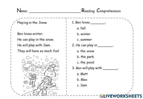 แบบฝึกหัดการอ่านจับใจความ Playing in the snow
