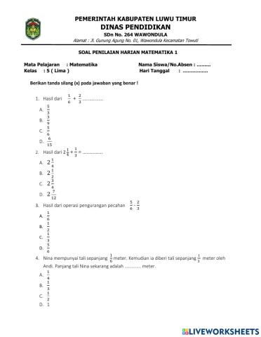 Soal penilaian harian matematika 1 pecahan