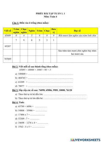 Toán lớp 4 Tuần 1.1