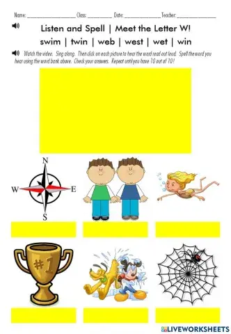 Listen and Spell - Meet the Letter W!  Words:  swim - twin - web - west - wet - win