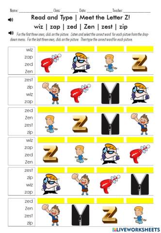 Read and Type - Meet the Letter Z!  Words:  wiz - zap - zed - Zen - zest - zip