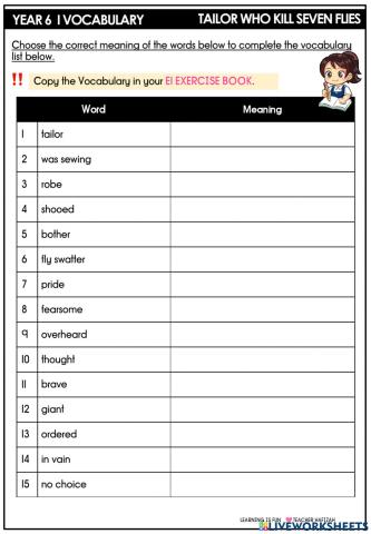 Year 6 i  vocabulary i tailor who kill seven flies