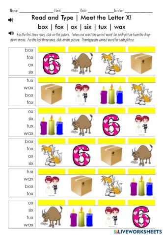 Read and Type - Meet the Letter X!  Words:  box - fox - ox - six - tux - wax