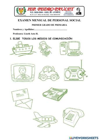 Examen de personal social primer grado, mes de agosto