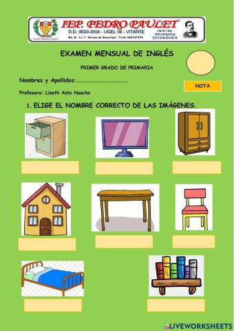 Examen de ingles primer grado, mes de agosto