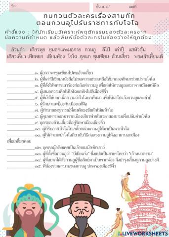 ใบงานทบทวนตัวละครเรื่องสามก๊ก