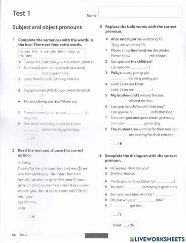 Grammar Test 1 Personal Pronouns and Plural