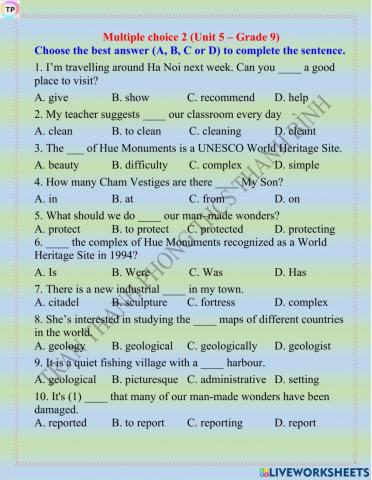 Multiple choice 2 (Unit 5 – Grade 9)