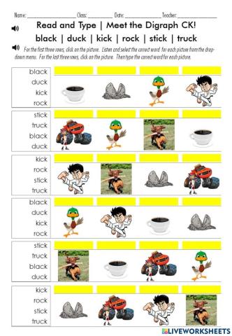 Read and Type - Meet the Digraph CK!  Words:  black - duck - kick - rock - stick - truck