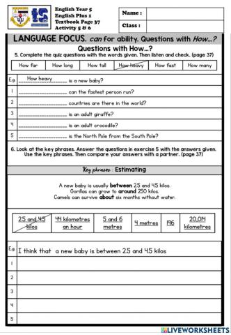 Live worksheet english plus 1 year 5 textbook page 37 activity 5 & 6