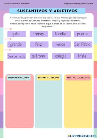 Clasificación sustantivos y adjetivos calificativo