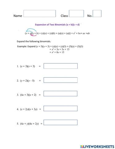 Expansion of Two Binomials Worksheet