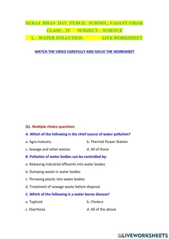 Water pollution worksheet